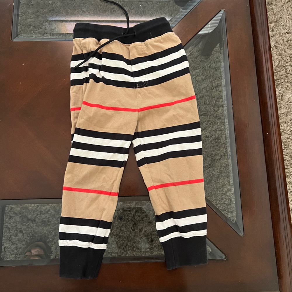 Burberry Tan and Black Striped Joggers with Red Detail